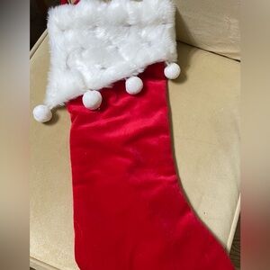 Plush Red Christmas Stocking With White Fur Unique Trim & 4 Hanging Pom Poms 20”